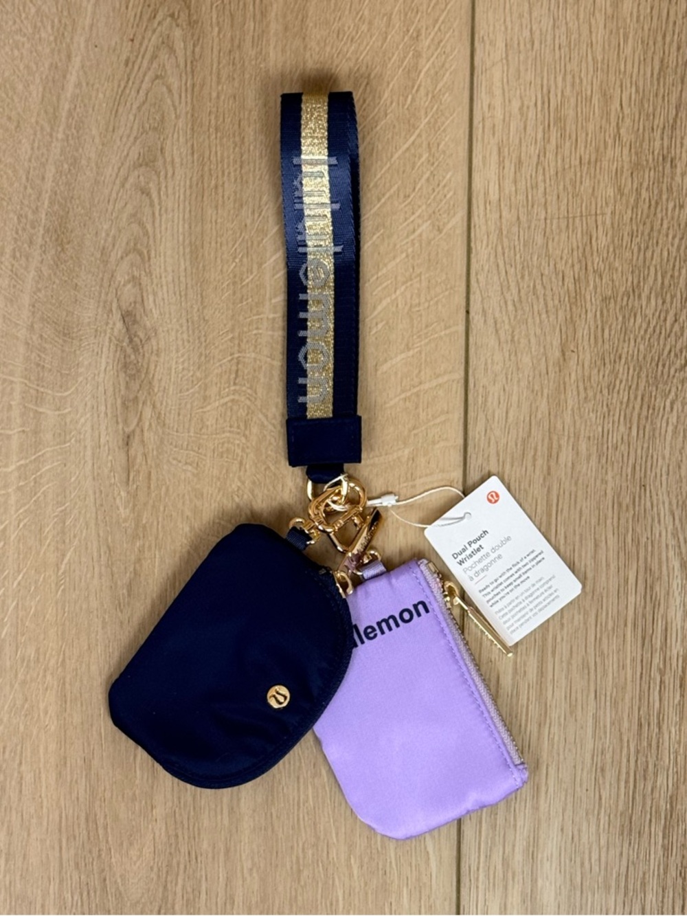 NWT Lululemon Dual Pouch Wristlet Navy and Lavender Wordmark